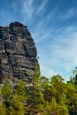 Sandstone rock formation the locomotive in German-Saxon Switzerland with climbers on the right, vertical photo Royalty Free Stock Photo