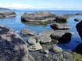 Sandstone rock formations along the shoreline