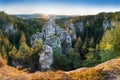 Sandstone rocks at the Europe landscape in summer season. Beautiful sunset, sandstone towers. Climbing on the sandstone rock. Royalty Free Stock Photo