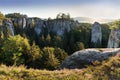 Sandstone rocks at the Europe landscape in summer season. Beautiful sunset, sandstone towers. Climbing on the sandstone rock. Royalty Free Stock Photo