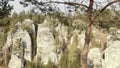 Sandstone rocks, rock massifs in forest. Climbing landscape, big stones