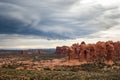 Sandstone Rocky Landscape in storm clouds of Arches National Park, Utah, USA