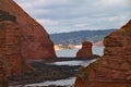 A sandstone sea stack at Ladram Bay near Sidmouth, Devon. Part of the south west coastal path. Sidmouth is visible in the