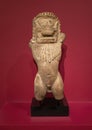 Sandstone 10th century rearing man-lion on display in the Dallas Museum of Art in Dallas, Texas.