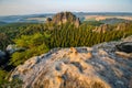 Sandstone towers at sunrise, Saxon Switzerland national park, Bad Schandau, Germany, Europe