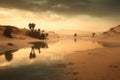 sandstorm approaching a tranquil desert oasis