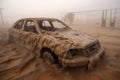 sandstorm batters abandoned car, with only a skeleton inside