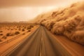 sandstorm engulfing a desert highway