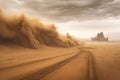 sandstorm engulfing a desolate desert scene