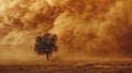 Sandstorm engulfs desert, single tree stands steadfast, painted in dominant orange and brown
