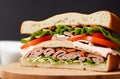 Sandwich. Appetizing multi-layered sandwich with variety of fillings. Generative AI.