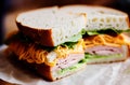 Sandwich. Appetizing multi-layered sandwich with variety of fillings. Generative AI.