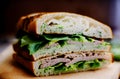 Sandwich. Appetizing multi-layered sandwich with variety of fillings. Generative AI.