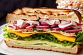 Sandwich. Appetizing multi-layered sandwich with variety of fillings. Generative AI.