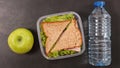 Sandwich, apple and water