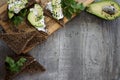 Sandwich with avocado, dark bread and white light cheese on wood Royalty Free Stock Photo