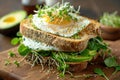 Sandwich with avocado egg spinach microgreens and sesame