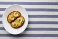 Sandwich with avocado guacomole and srimp on plate Royalty Free Stock Photo