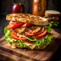 Sandwich with bacon, lettuce and tomato, rustic diner background, bread with seeds, cheese with pepper