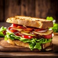 Sandwich with bacon, lettuce and tomato, rustic diner background, bread with seeds, cheese with pepper