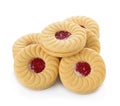 Sandwich biscuits with strawberry on white background Royalty Free Stock Photo