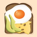 Sandwich with black toast bread, avocado slices, cheese and fried egg. Vector illustration of a healthy breakfast for Royalty Free Stock Photo