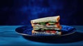 A sandwich on a blue plate with cucumber and tomato slices, AI Royalty Free Stock Photo