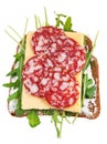 Sandwich from bread, salami, cheese, fresh rucola