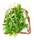 Sandwich from bread, spread and fresh arugula