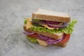 Sandwich cheese, sausage, salami natural board breakfast freshness tomato, lettuce, blue onion on old background