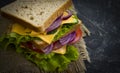 Sandwich with cheese, sausage, tomato, lettuce, blue onion on old background Royalty Free Stock Photo