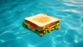 A sandwich with cheese, tomato, and lettuce floats on the surface of a swimming pool Royalty Free Stock Photo