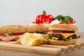 Sandwich, cheeseburger, salad and chips