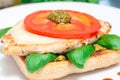 Sandwich with chicken, mozzarella, tomato, pesto and basil on toasted ciabatta, horizontal, closeup Royalty Free Stock Photo