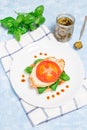 Sandwich with chicken, mozzarella, tomato, pesto and basil on toasted ciabatta, vertical, top view Royalty Free Stock Photo