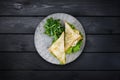 Sandwich with chicken and vegetables on a ceramic plate. On black wooden background, top view Royalty Free Stock Photo