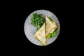 Sandwich with chicken and vegetables on a ceramic plate. Isolated on the black background, top view Royalty Free Stock Photo