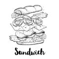 Sandwich constructor. Flying ingredients with big chiabatta bun. Hand drawn sketch style vector illustration. Fast and street food