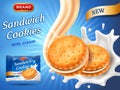 Sandwich cookies ads. Delicious vanilla cream flow. Cracker drop in milk splash. Package design template. Blue