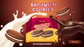 Sandwich cookies ads, milk chocolate flavor with tasty liquid twisted in the air and package