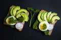 Sandwich with egg,  homemade   breakfast  ,  tasty  radish greens on old background Royalty Free Stock Photo