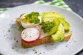 Sandwich with egg,  homemade  concept ,  tasty  radish greens on old background Royalty Free Stock Photo