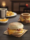 Sandwich with egg and bacon, cheese for breakfast composition on a table with kartoka fries and bagels Royalty Free Stock Photo