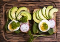 Sandwich with egg, lunch breakfast , tasty radish greens on old background Royalty Free Stock Photo