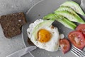 Sandwich with eggs and avocado and tomato on a plate, sesame, a piece of bread, knife, fork on a gray background, Breakfast Royalty Free Stock Photo