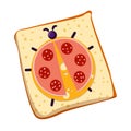 Sandwich with a figure of a ladybug made of sausage and cheese on white bread Royalty Free Stock Photo