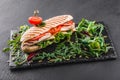 Sandwich with fillet grilled chicken, fresh vegetables, cheese and greens on black shale board over black stone background Royalty Free Stock Photo