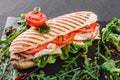 Sandwich with fillet grilled chicken, fresh vegetables, cheese and greens on black shale board over black stone background Royalty Free Stock Photo