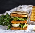 Sandwich of French toast and lettuce leaves and boiled egg Royalty Free Stock Photo