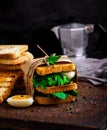 Sandwich of French toast and lettuce leaves and boiled egg Royalty Free Stock Photo